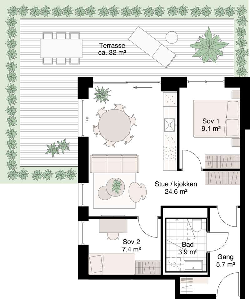 Standard planløsning 3-roms